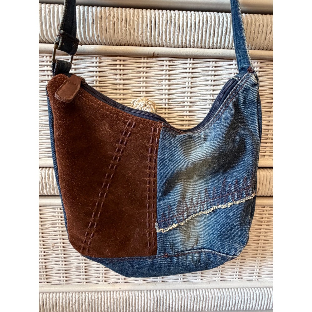 Vintage Boho Patchwork Denim and Suede Hobo Crossbody Bag Blue Brown Mixed Media